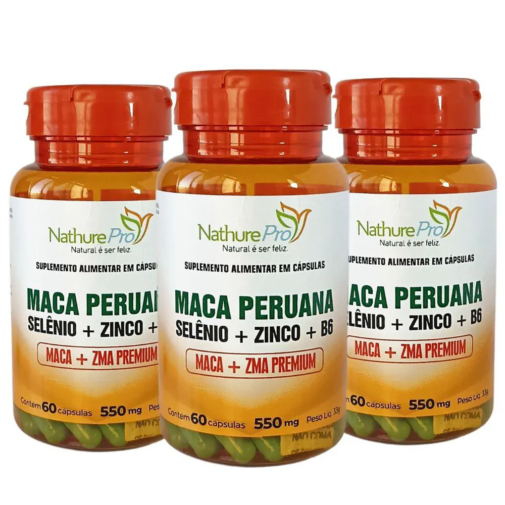 KIT 3 MACA PERUANA ZMA + ZINCO + SELêNIO + VIT. B6 60 CáPSULAS 550MG