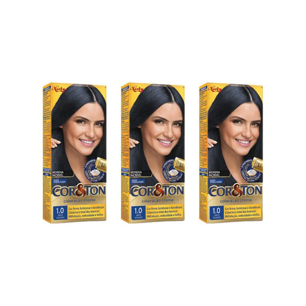 COLORAçAO COR&TON 1.0 PRETO AZULADO 50G-KIT C/3