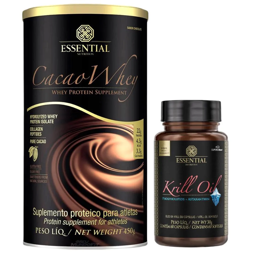 KIT CACAO WHEY PROTEIN 450G + KRILL OIL 60 CáPS ESSENTIAL