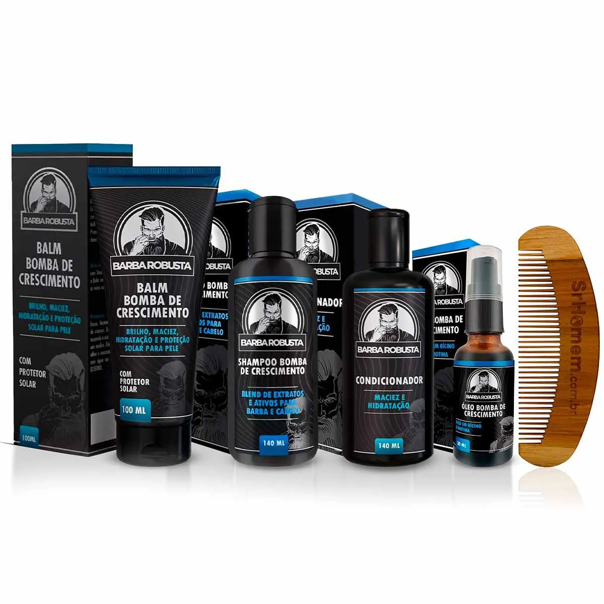 KIT BALM ÓLEO SHAMPOO CONDICIONADOR PENTE CURVO BARBA ROBUSTA