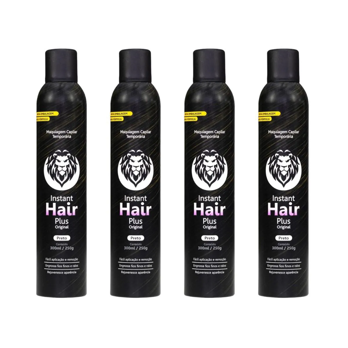 KIT 4 INSTANT HAIR PLUS PRETO MAQUIAGEM PARA DISFARçAR CALVíCIE 300ML