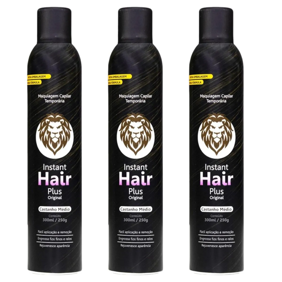 KIT 3 INSTANT HAIR PLUS CASTANHO MéDIO MAQUIAGEM PARA CALVíCIE 300ML