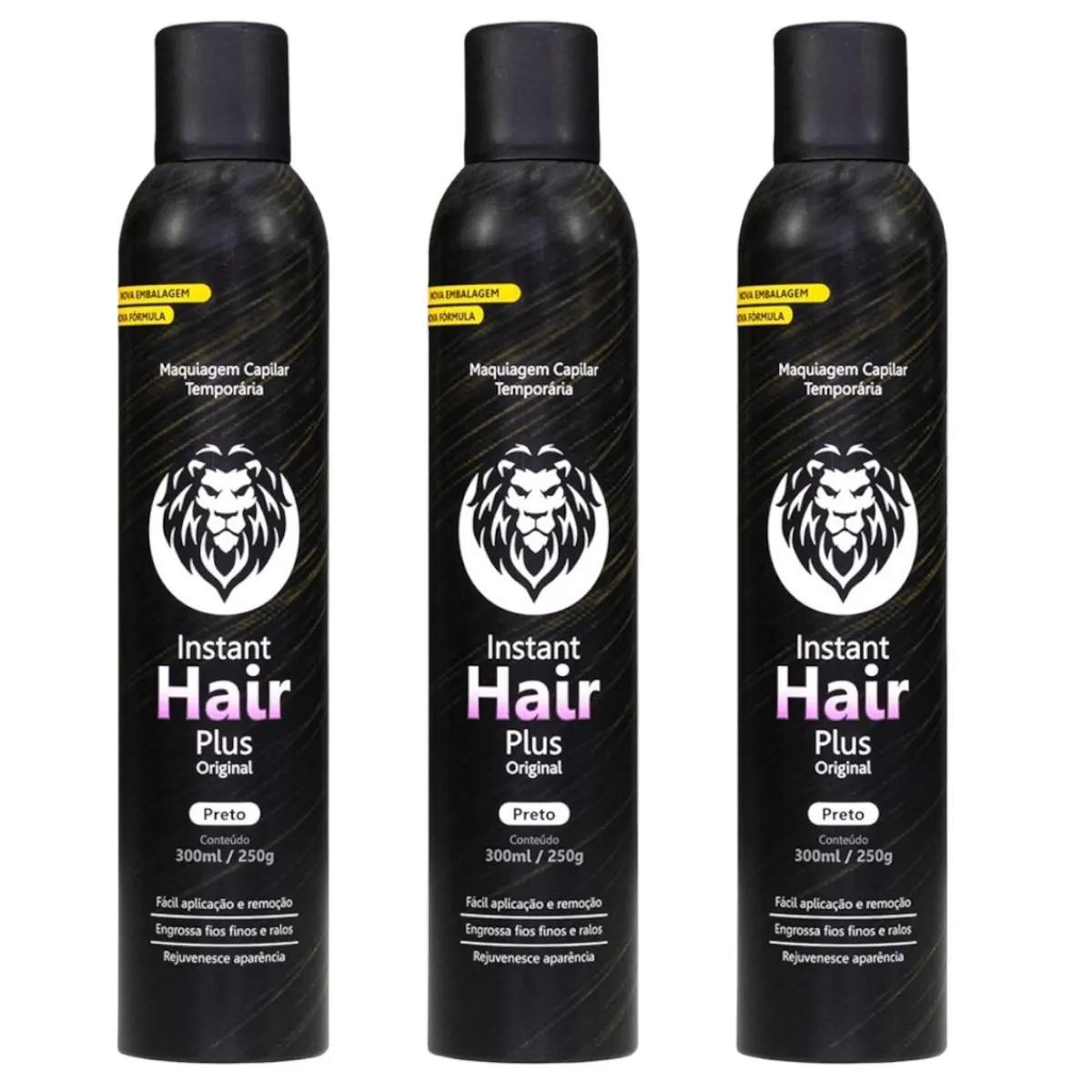 KIT 3 INSTANT HAIR PLUS PRETO MAQUIAGEM PARA CALVíCIE 300ML