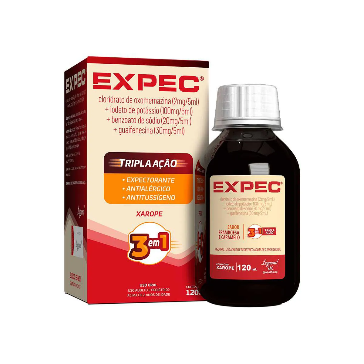 Expec Tripla Ação Oxomemazina 0,4mg/ml + Iodeto de Potássio 20mg/ml + Benzoato de Sódio 4mg/ml + Guaifenesina 6mg/ml Sabor Framboesa e Caramelo Xarope 120ml