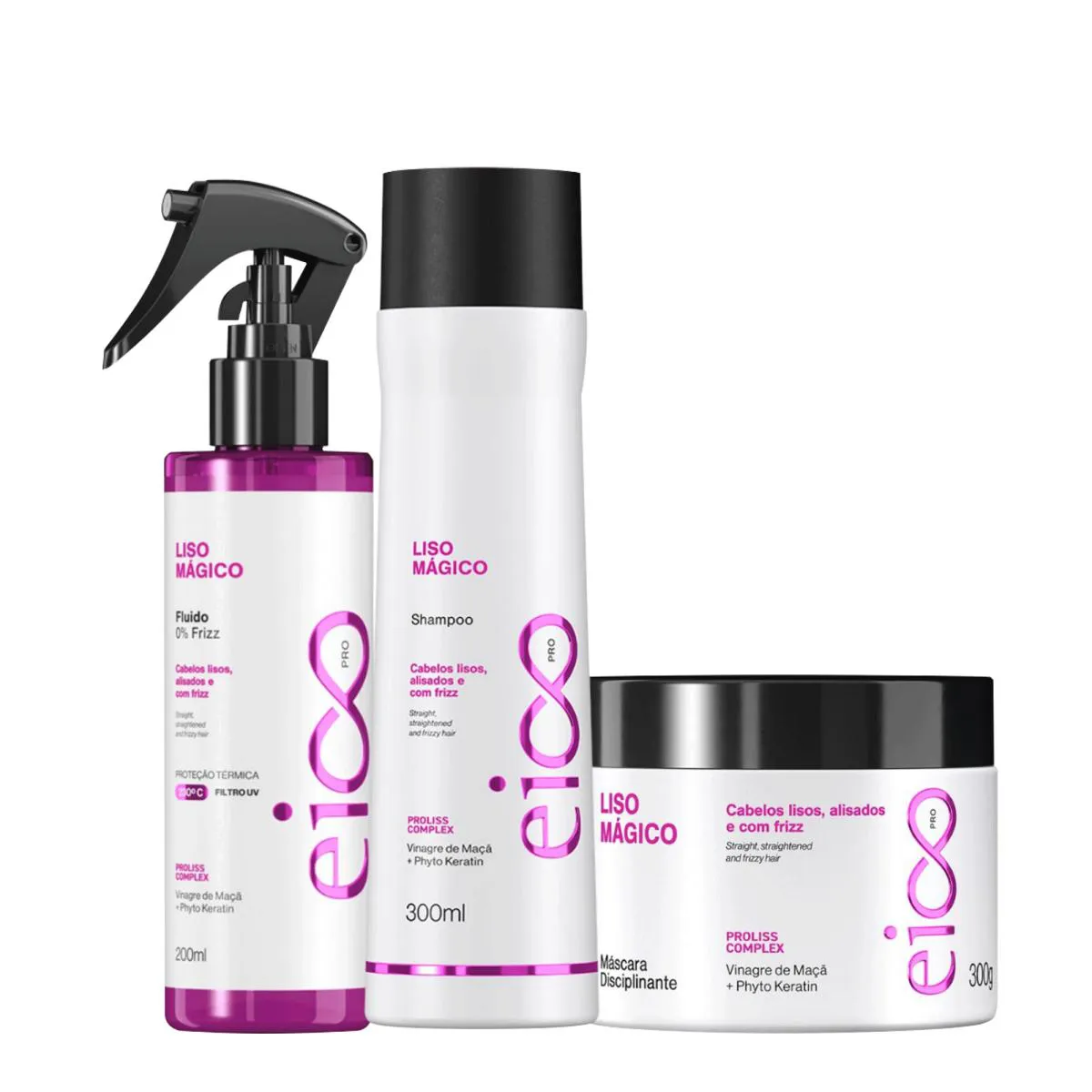 KIT EICO PRO LISO MáGICO - SHAMPOO 300ML + MáSCARA TRATAMENTO 300G + FLUIDO 200ML