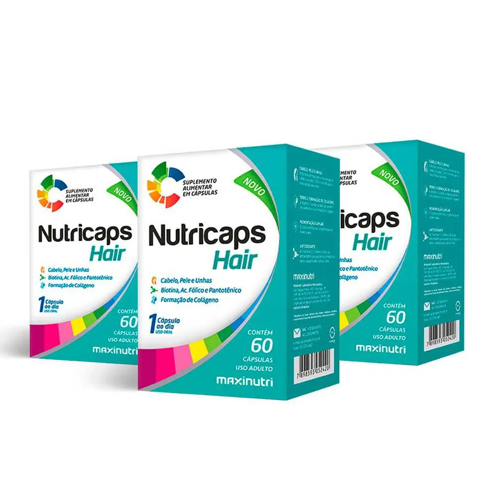 KIT 03 NUTRICAPS HAIR POLIVITAMINICO MAXINUTRI 60 CAPSULAS