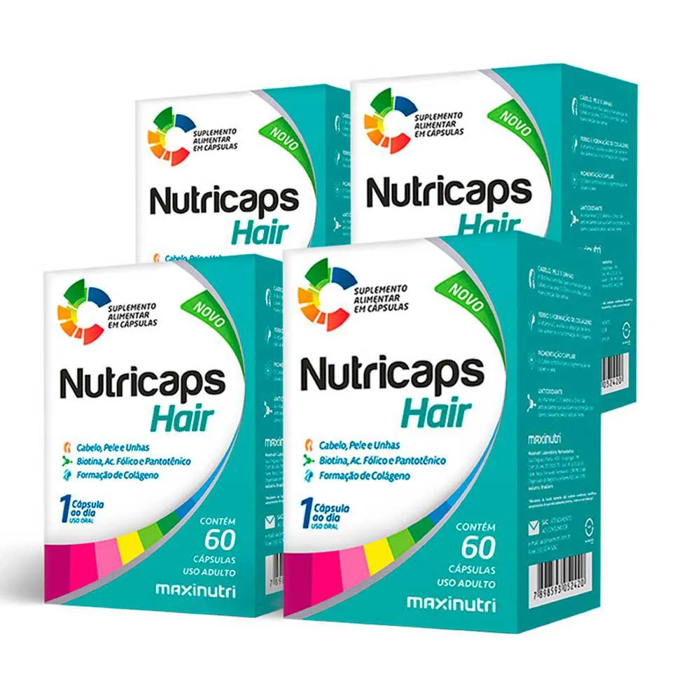 KIT 04 NUTRICAPS HAIR POLIVITAMINICO MAXINUTRI 60 CAPSULAS