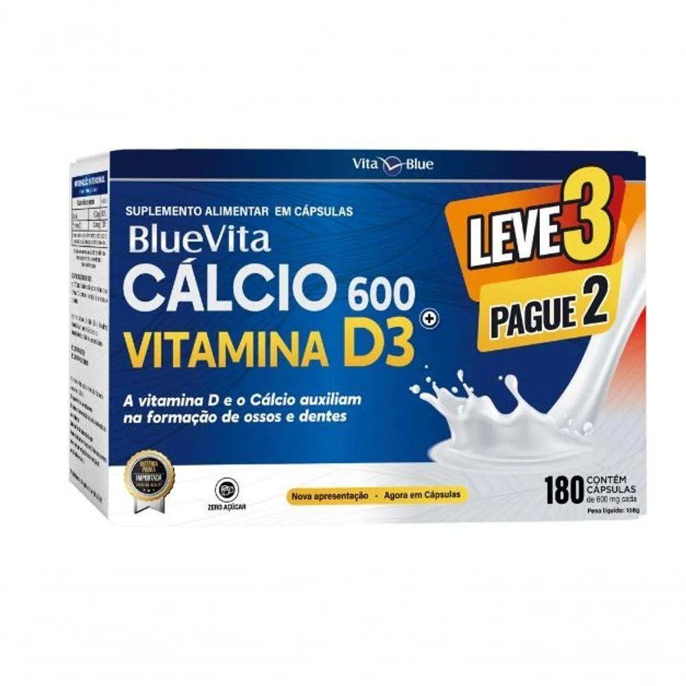 KIT BLUEVITA CáLCIO 600MG + VITAMINA D3 COM 180 CáPSULAS