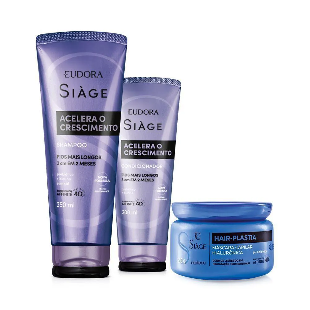 COMBO EUDORA SIàGE: SHAMPOO ACELERA O CRESCIMENTO 250ML + MáSCARA HAIR-PLASTIA 250G + CONDICIONADOR ACELERA O CRESCIMENTO 200ML