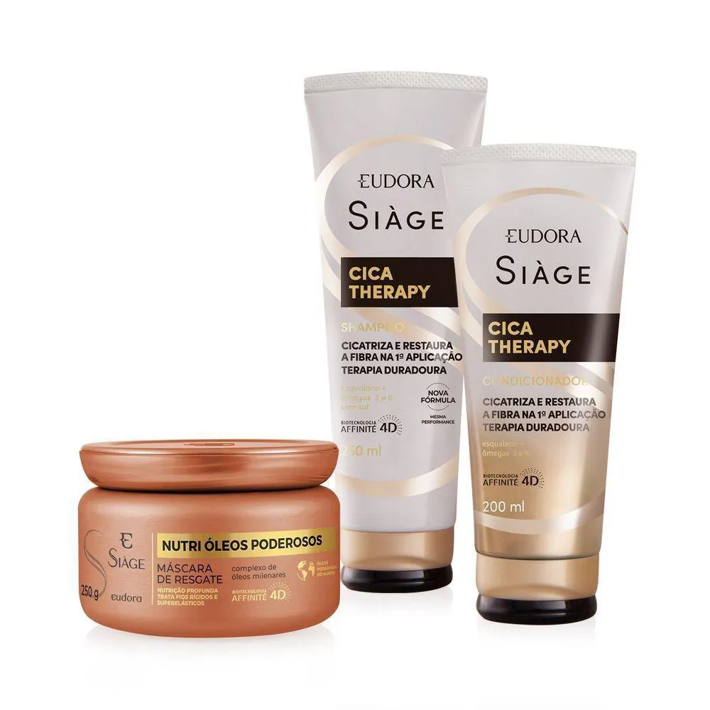 COMBO SIàGE: SHAMPOO CICA-THERAPY 250ML + CONDICIONADOR CICA-THERAPY 200ML + MáSCARA CAPILAR NUTRI óLEOS PODEROSOS 250G