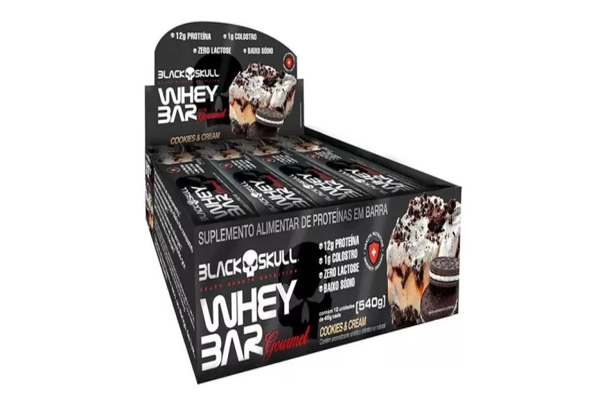 WHEY BAR GOURMET BLACK SKULL 45G ZERO LACTOSE SABOR COOKIES E CREAM CAIXA COM 12 UNIDADES
