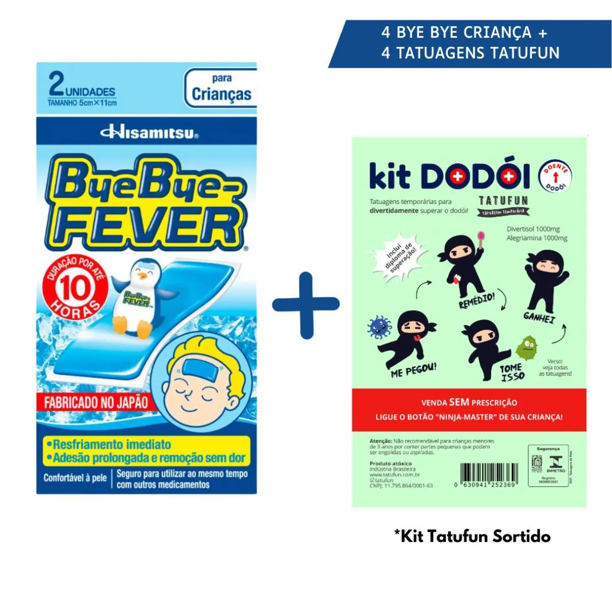 KIT 4 ADESIVO PARA ALíVIO DA FEBRE BYE BYE FEVER CRIANçA + 4 TATUAGEM TEMPORáRIA TATUFUN