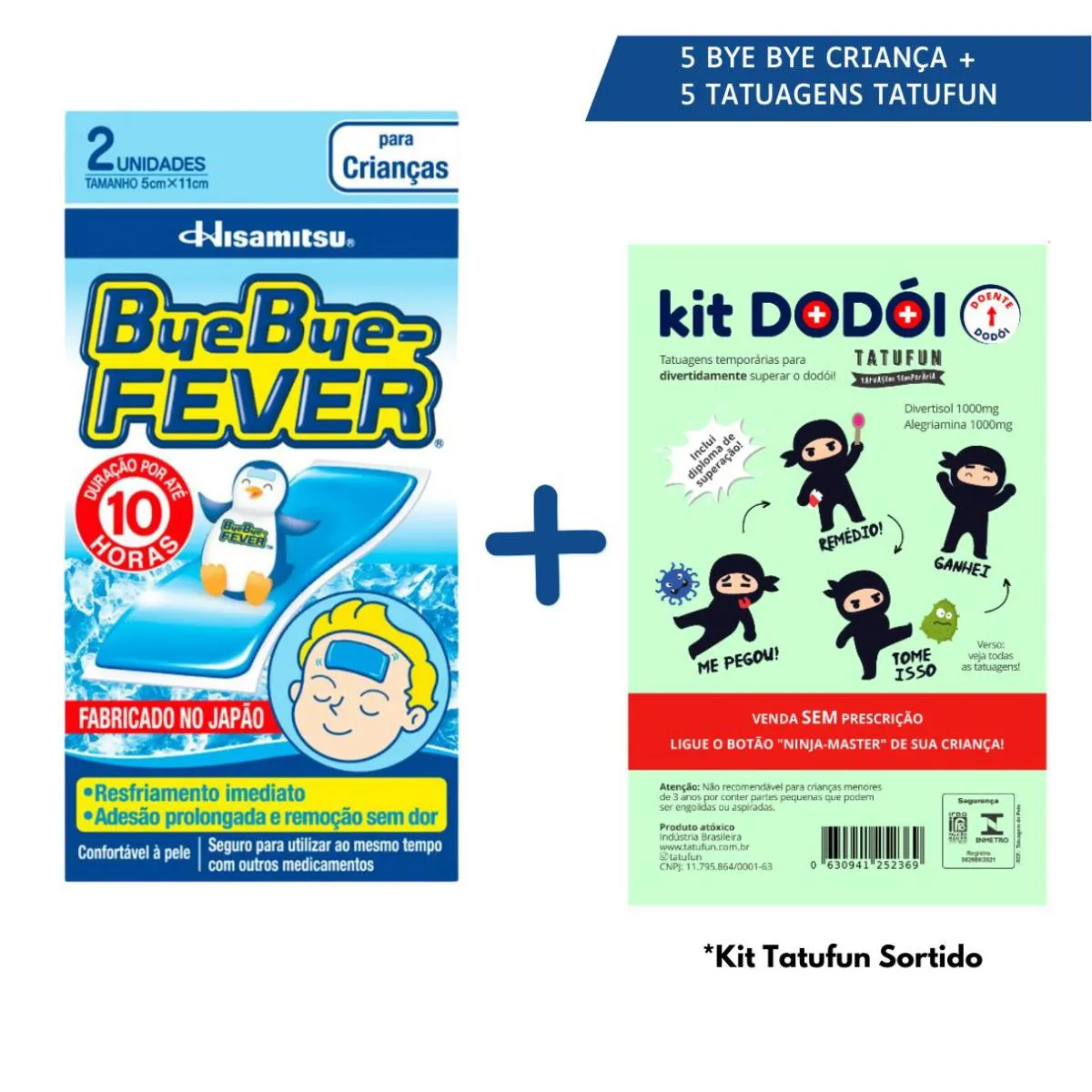 KIT 5 ADESIVO PARA ALíVIO DA FEBRE BYE BYE FEVER CRIANçA + 5 TATUAGEM TEMPORáRIA TATUFUN