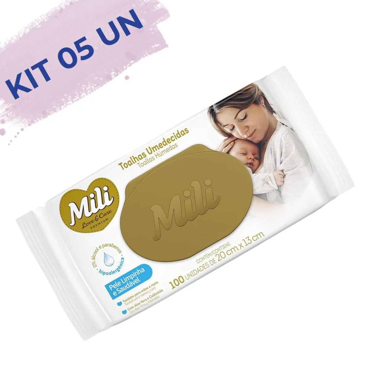 KIT 05 UNIDADES TOALHAS UMEDECIDAS MILI 100 UNIDADES LOVE E CARE PREMIUM CADA