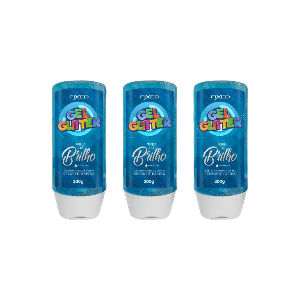 GEL CABELO E CORPO FIXED COM GLITTER AZUL 200G-KIT C/3UN