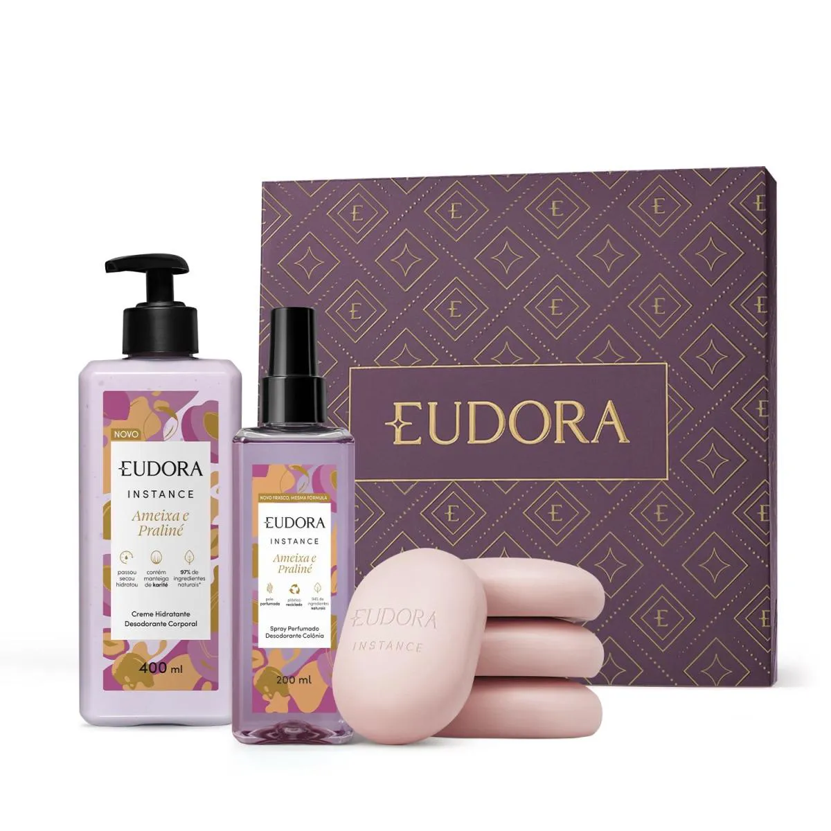Combo Presente Instance Ameixa E Praliné: Loção Corporal 400Ml + Spray Perfumado 200Ml + Sabonetes Em Barra 4X80G + Caixa Presenteável