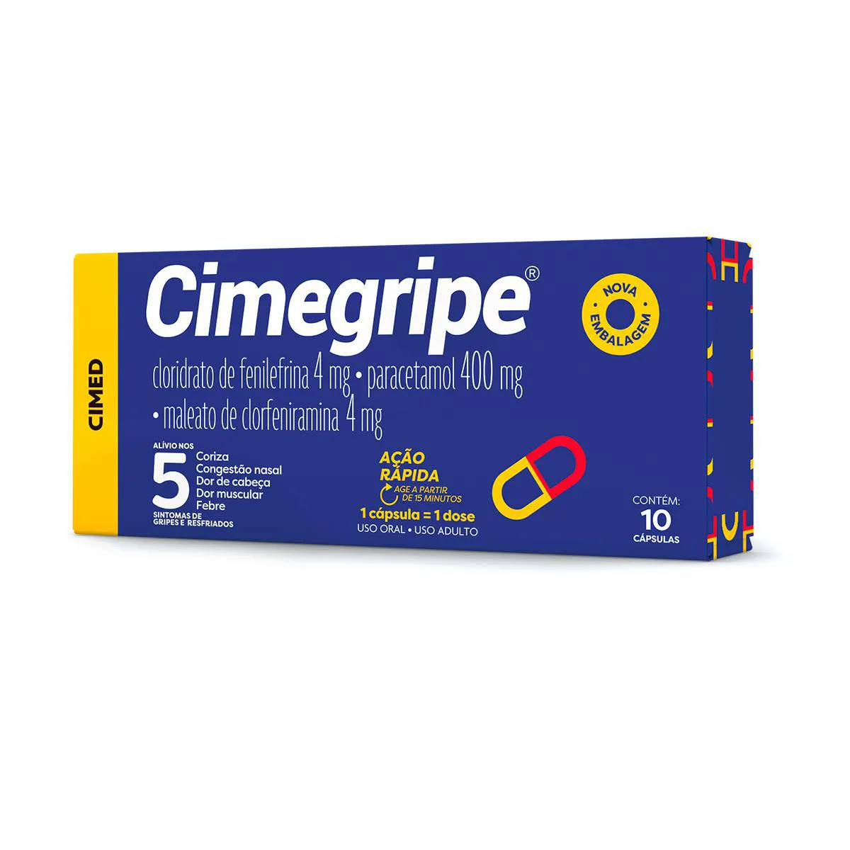 Cimegripe Cloridrato Fenillefrina 4mg + Paracetamol 400mg + Maleato de Clorfeniramina 4mg 10 cápsulas