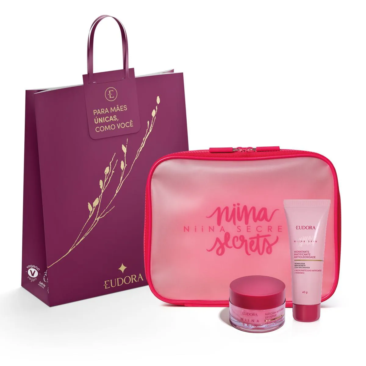 Combo Presente Niina Secrets: Máscara Labial Noturna 9G + Hidratante Matificante Antioleosidade 40G + Nécessaire Pink + Sacola Eudora