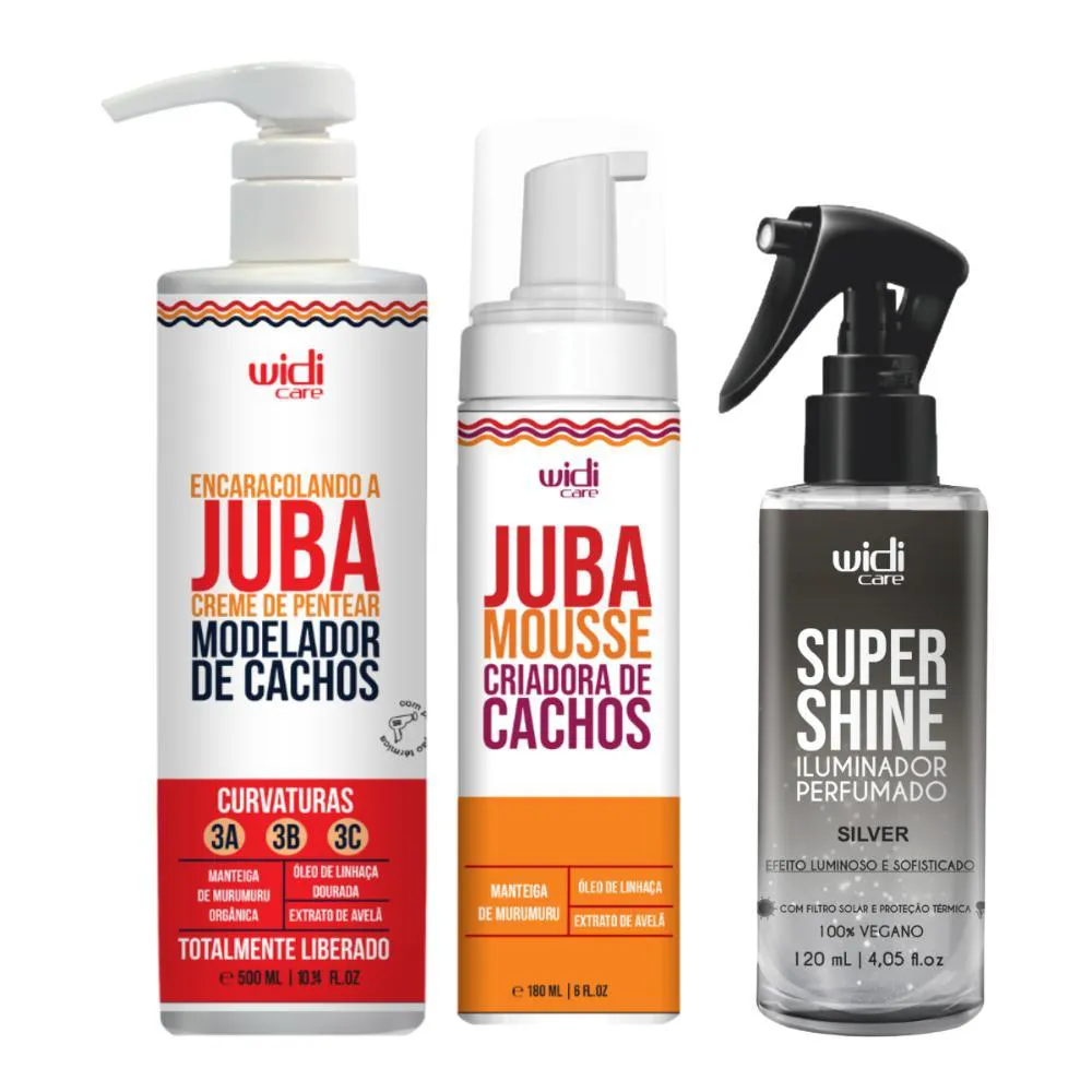 KIT WIDI CARE CREME DE PENTEAR ENCARACOLANDO A JUBA 500ML + MOUSSE CRIADOR DE CACHOS 200ML + SUPER SHINE SILVER ILUMINAD