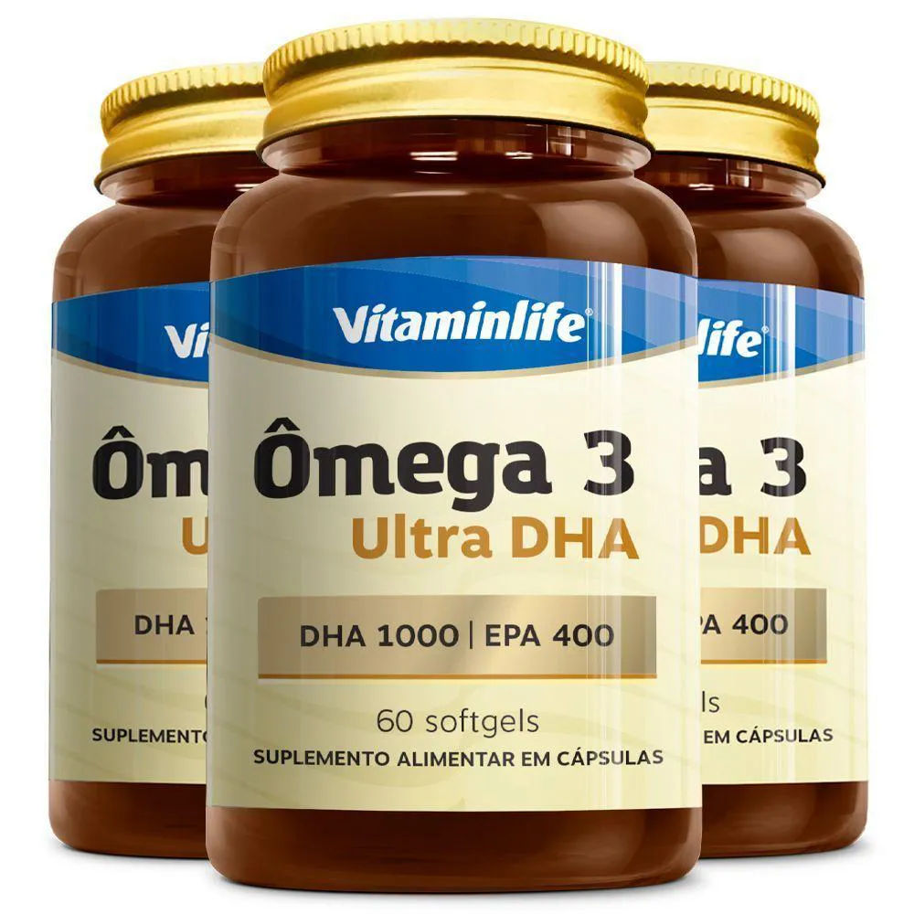 KIT 3 ôMEGA 3 ULTRA DHA 1000 EPA 400 VITAMINLIFE 60 CáPSULAS