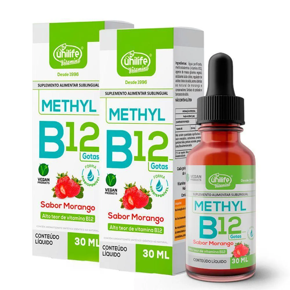 KIT 2 VITAMINA B12 METHYL EM GOTAS UNILIFE MORANGO 30 ML