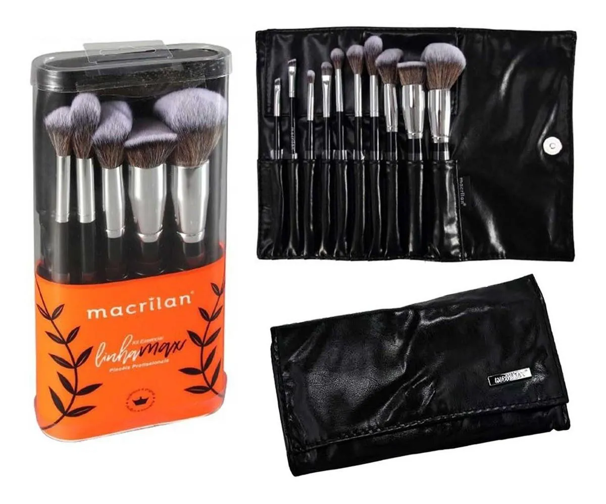 KIT 10 PINCéIS PROFISSIONAIS MAQUIAGEM MAX A100  - MACRILAN Preto