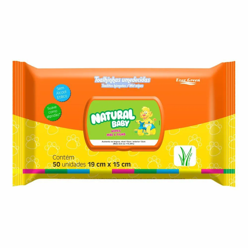 TOALHA UMEDECIDA NATURAL BABY WIPES MãE & FILHO 50 UN.