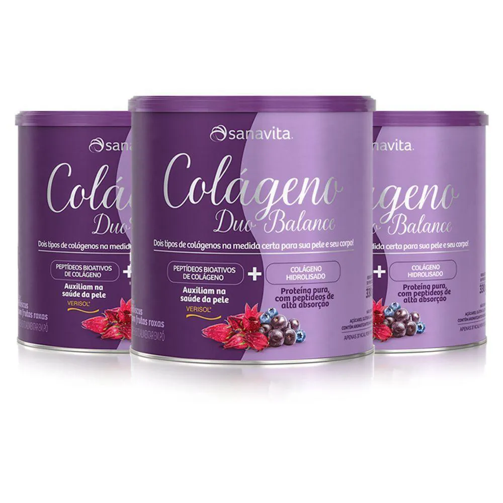 KIT 3 COLáGENO DUO BALANCE SANAVITA HIBISCUS E FRUTAS ROXAS 330G