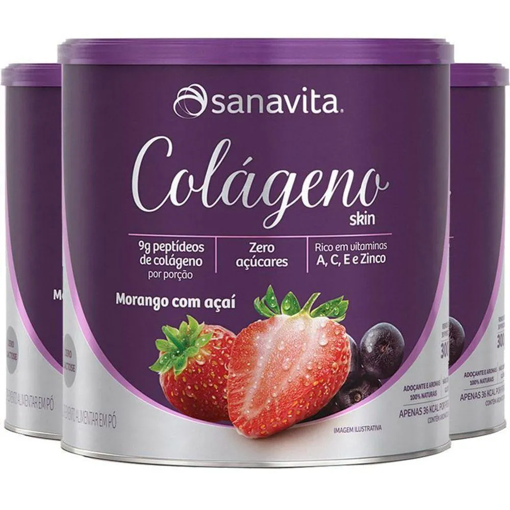 KIT 3 COLáGENO HIDROLISADO EM Pó MORANGO E AçAí SANAVITA 300G