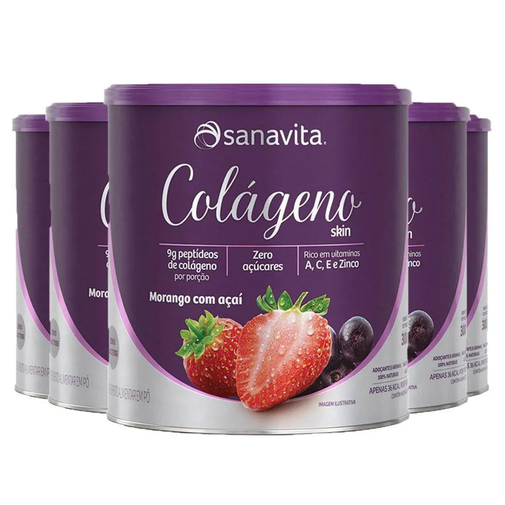 KIT 5 COLáGENO HIDROLISADO EM Pó SANAVITA 300G MORANGO E AçAí