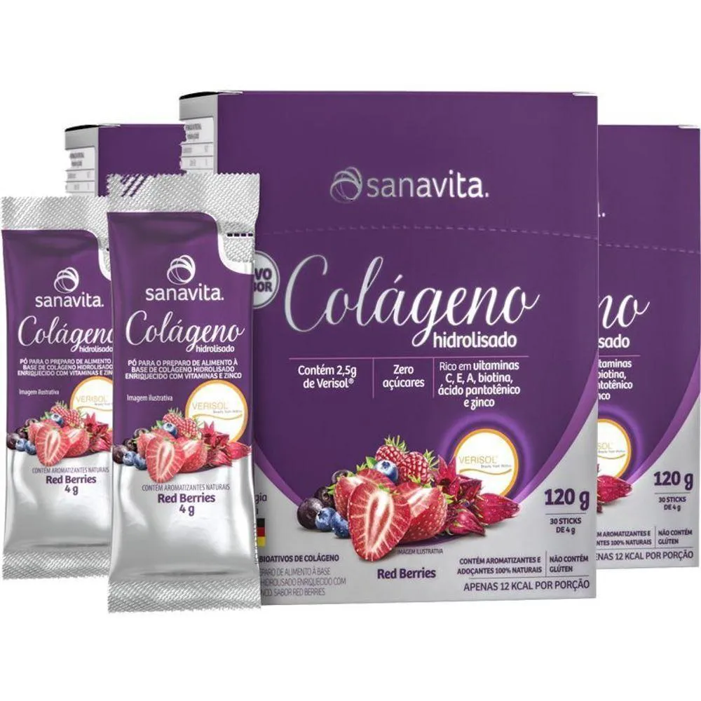 KIT 3 COLáGENO HIDROLISADO VERISOL RED BERRIES 30 SACHêS
