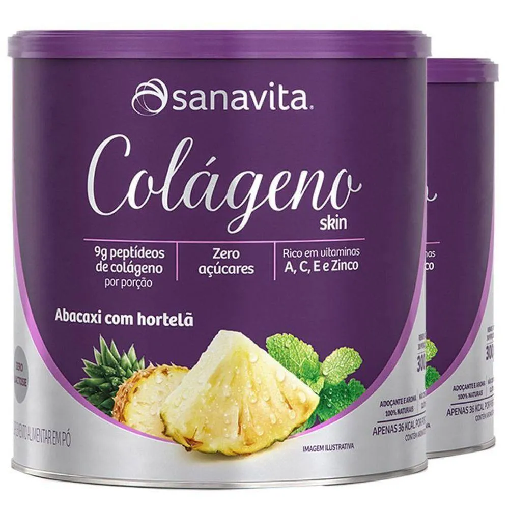 KIT 2 COLáGENO HIDROLISADO EM Pó SANAVITA 300G ABACAXI COM HORTELã