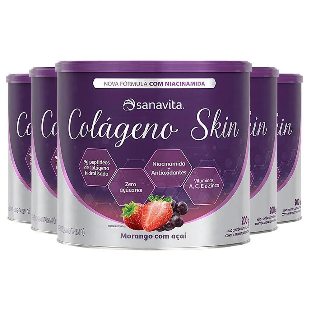 KIT 5 COLáGENO SKIN NIACINAMIDA SANAVITA MORANGO E AçAí 200G