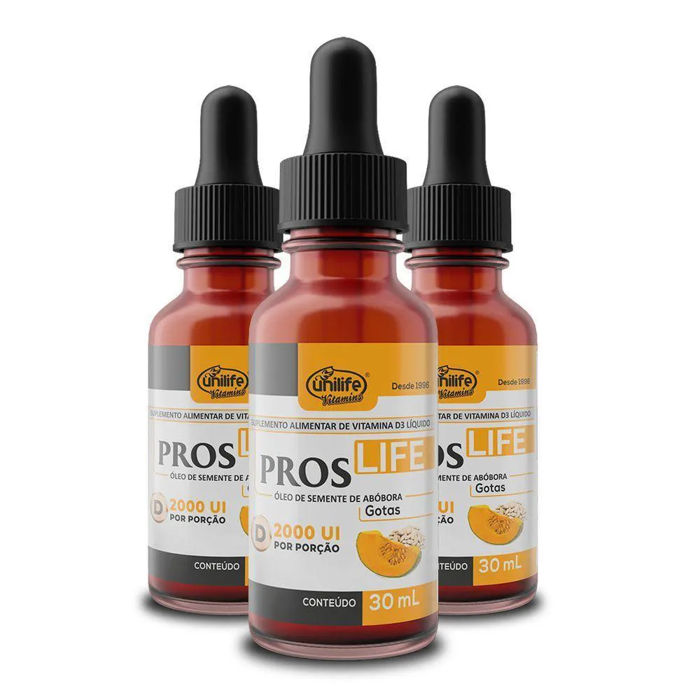 KIT 3 VITAMINA D3 PROSLIFE óLEO DE SEMENTE DE ABóBORA 2000 UI UNILIFE 30ML
