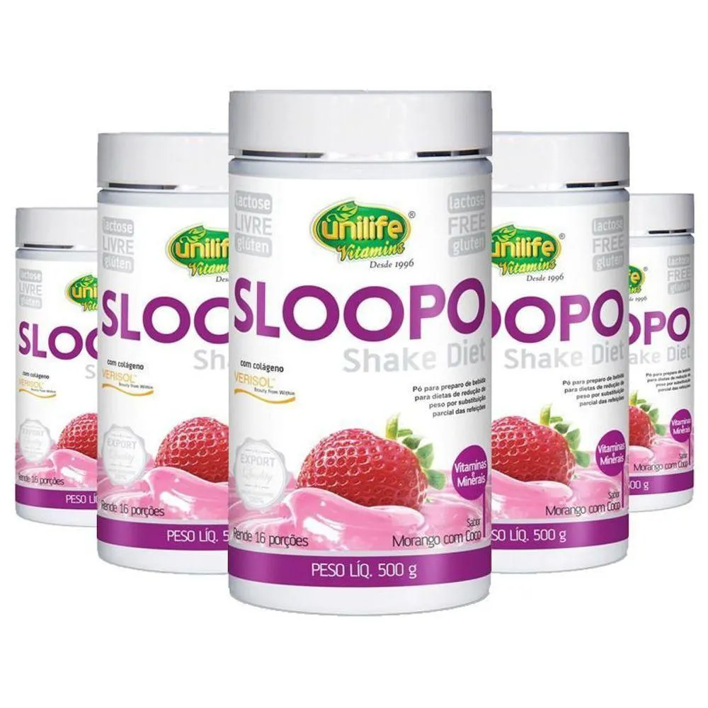 KIT 5 SLOOPO SHAKE DIET COM COLAGENO 400G SABOR MORANGO UNILIFE