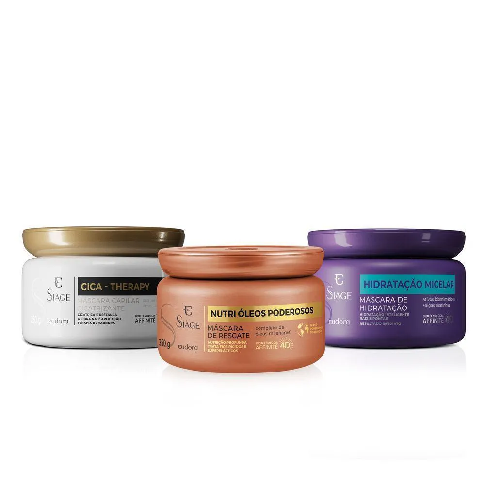 COMBO SIàGE CRONOGRAMA CAPILAR: NUTRI óLEOS PODEROSOS 250G + CICA-THERAPY 250G + HIDRATAçãO MICELAR 250G