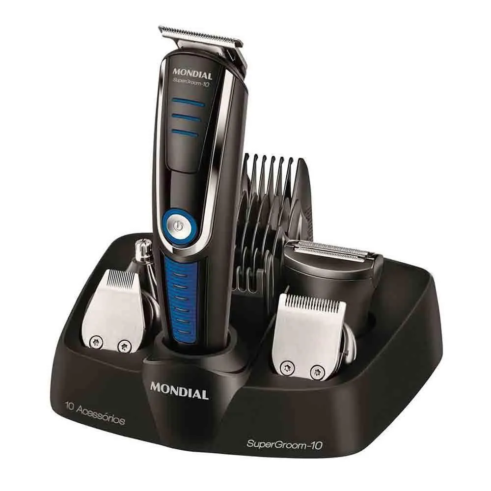 APARADOR DE PELOS MONDIAL SUPER GROOM 10 EM 1 BG-03 SEM FIO PRETO-AZUL BIVOLT