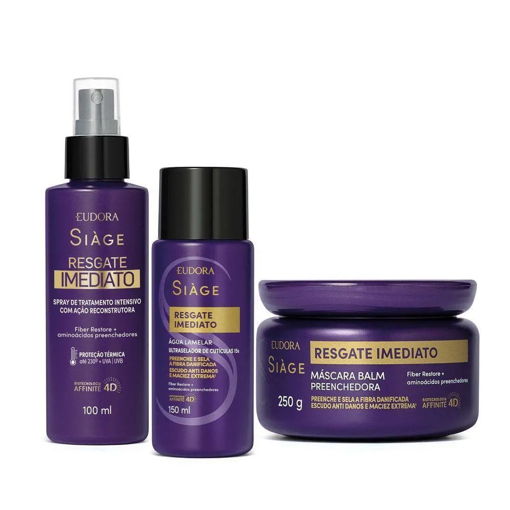 COMBO SIàGE RESGATE IMEDIATO TRATAMENTO: MáSCARA CAPILAR 250G + áGUA LAMELAR 150ML + LEAVE-IN 100ML