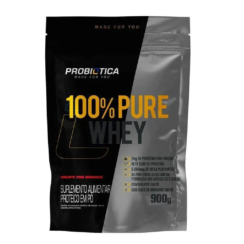 SUPLEMENTO ALIMENTAR 100% PURE WHEY REFIL 900G PROBIóTICA SABOR IOGURTE COM MORANGO