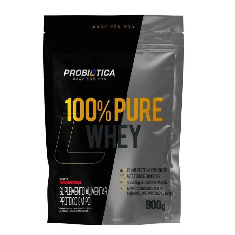 SUPLEMENTO ALIMENTAR 100% PURE WHEY REFIL 900G PROBIóTICA SABOR MORANGO