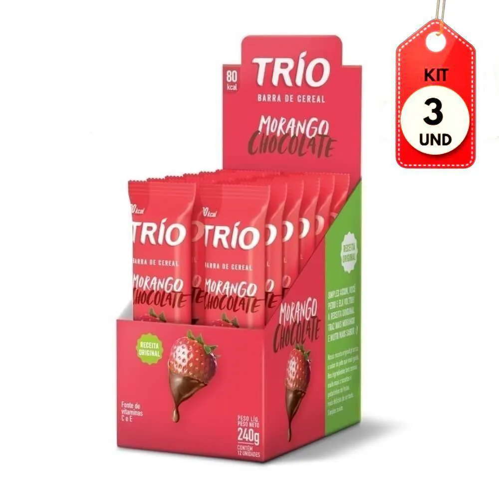KIT C/03 TRIO BARRA CEREAL TRADICIONAL MORANGO CHOCOLATE C/12