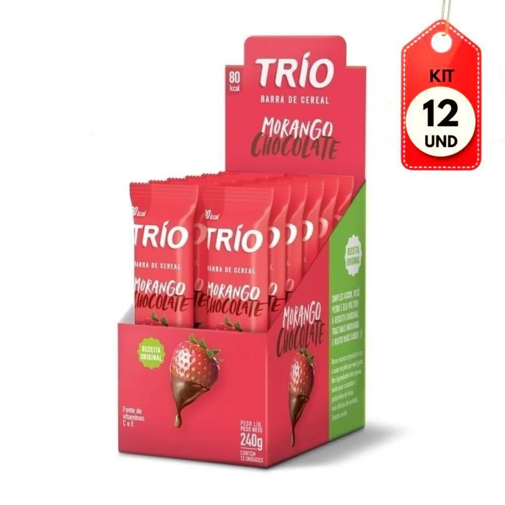 KIT C/12 TRIO BARRA CEREAL TRADICIONAL MORANGO CHOCOLATE C/12