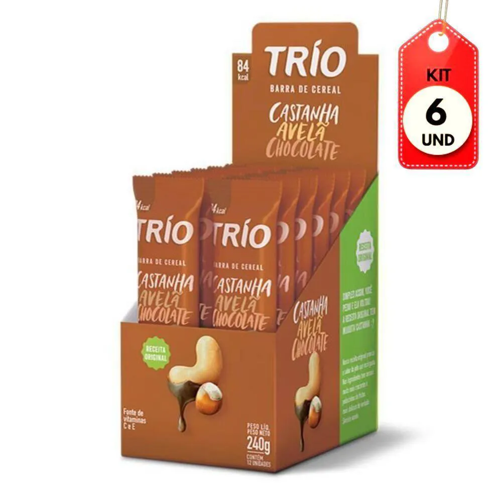 KIT C/06 TRIO BARRA CEREAL TRADICIONAL CASTANHA AVELã E CHOCOLATE C/12