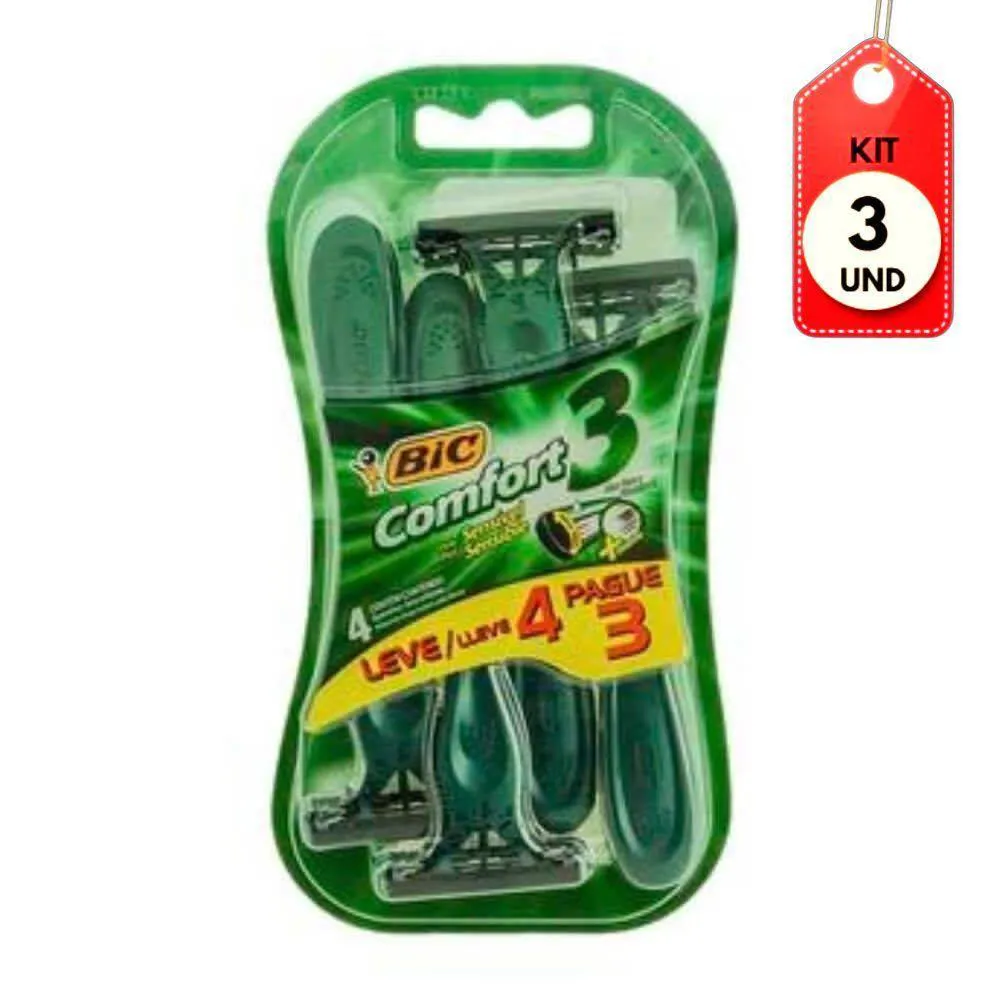 KIT C/03 BIC COMFORT 3 APARELHO DE BARBEAR PELE SENSíVEL C/4