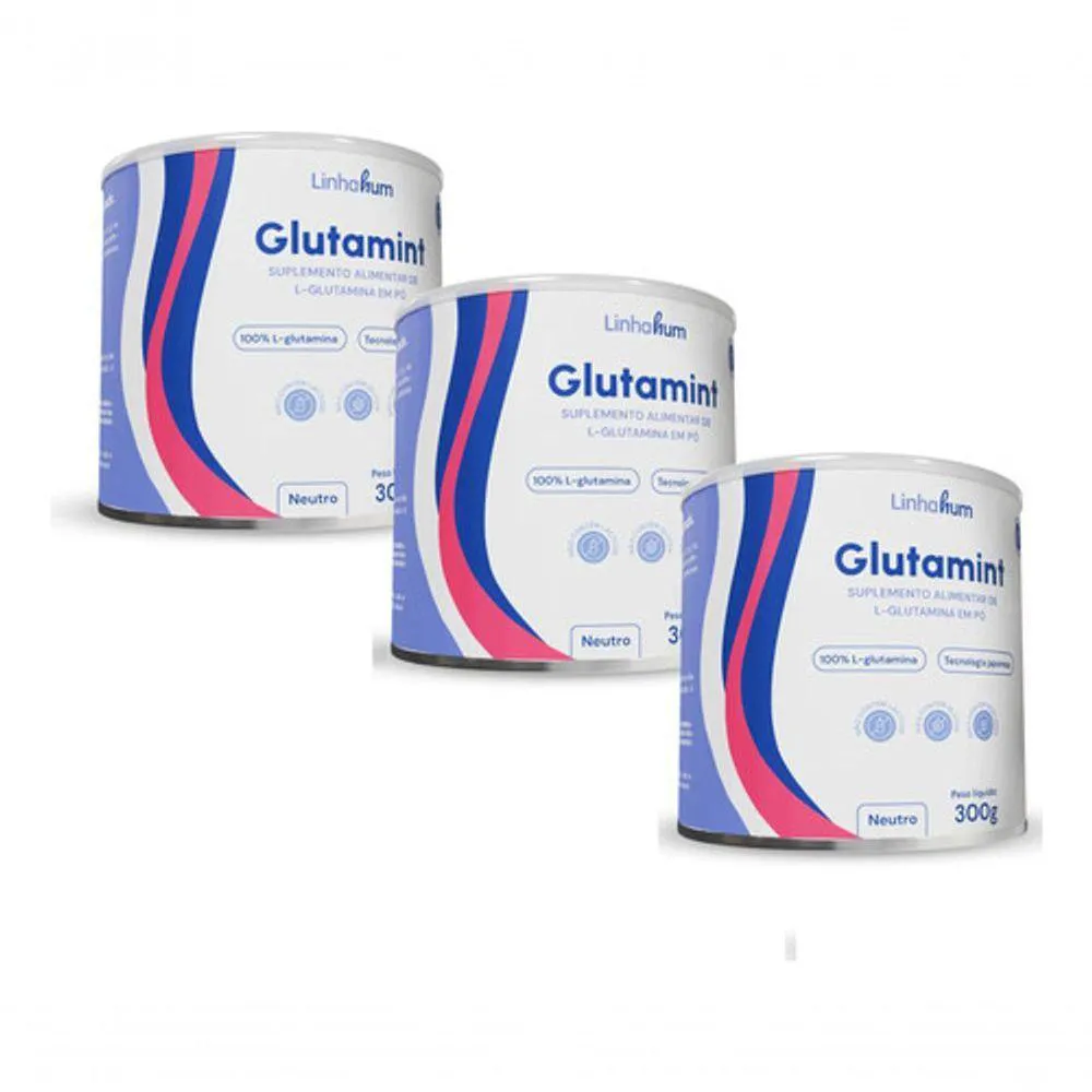 KIT 3U GLUTAMINA Pó GLUTAMINT IMUNOESTIMULANTE 300G LINHAHUM