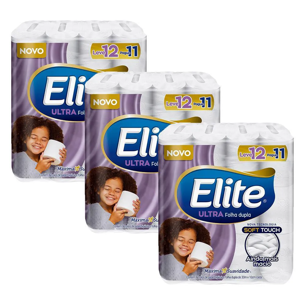 KIT 3 PAPEL HIGIêNICO ELITE ULTRA FOLHA DUPLA COM 12 ROLOS CADA