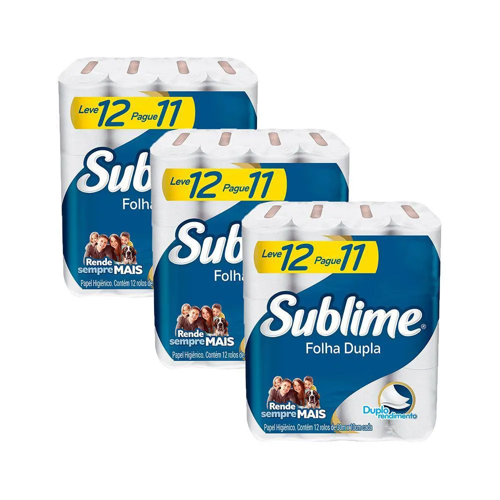 KIT 3 PAPEL HIGIêNICO SUBLIME FOLHA DUPLA COM 12 ROLOS CADA
