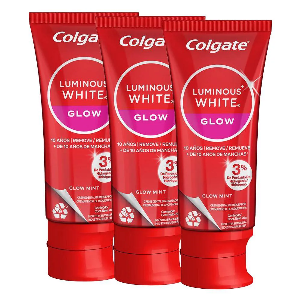 KIT COM 3 CREMES DENTAIS COLGATE GLOW MINT LUMINOUS WHITE 70G