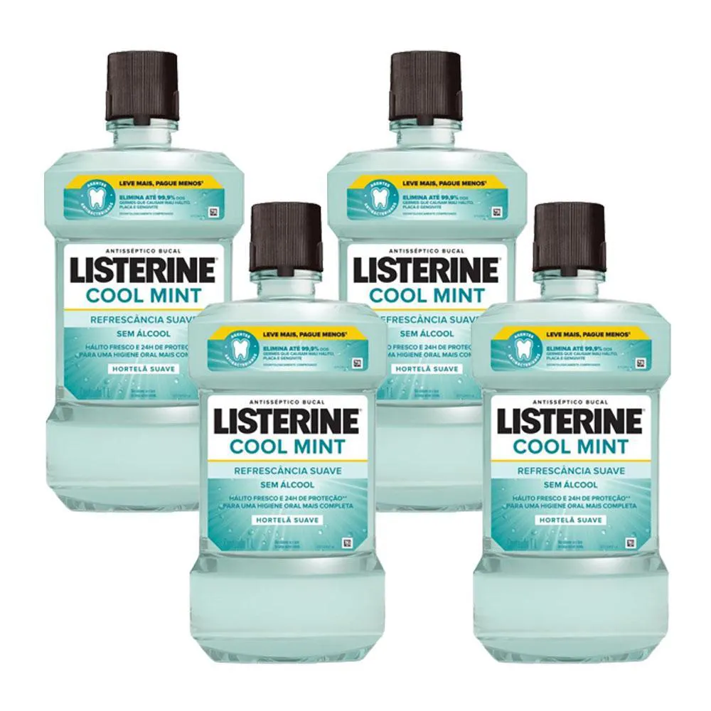 KIT 4 ENXAGUANTES BUCAIS LISTERINE COOL MINT REFRESCâNCIA SUAVE SEM ÁLCOOL 1L CADA