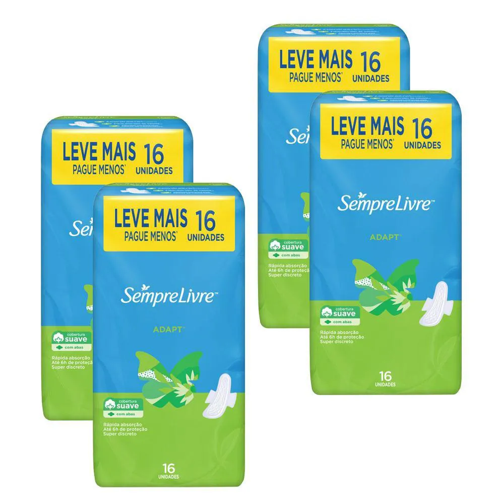 KIT 4 ABSORVENTES EXTERNO SEMPRE LIVRE ADAPT COBERTURA SUAVE COM ABAS 16UN CADA